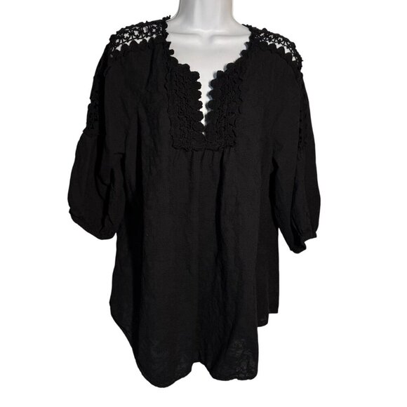 XCVI black tunic top size XL crochet v-neck 3/4 sleeves loose fit cotton - Picture 8 of 8
